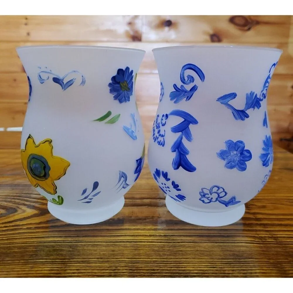 Lot of 2 Hallmark Hurricane Candle Holders Set Votive Blue Yellow In box